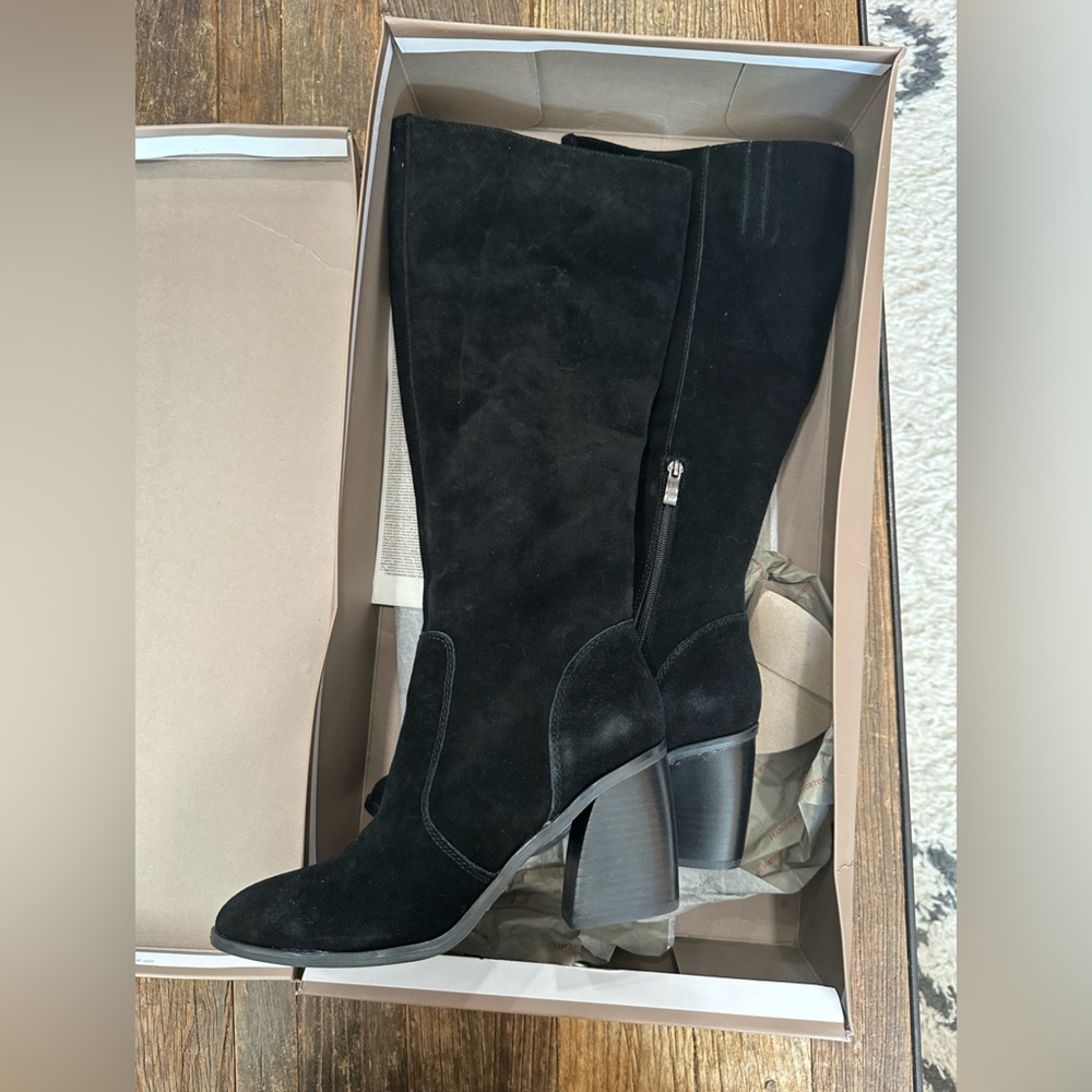 Franco Fortini Black Suede Knee-High Wide Calf Block Heeled Boots NEW IN BOX